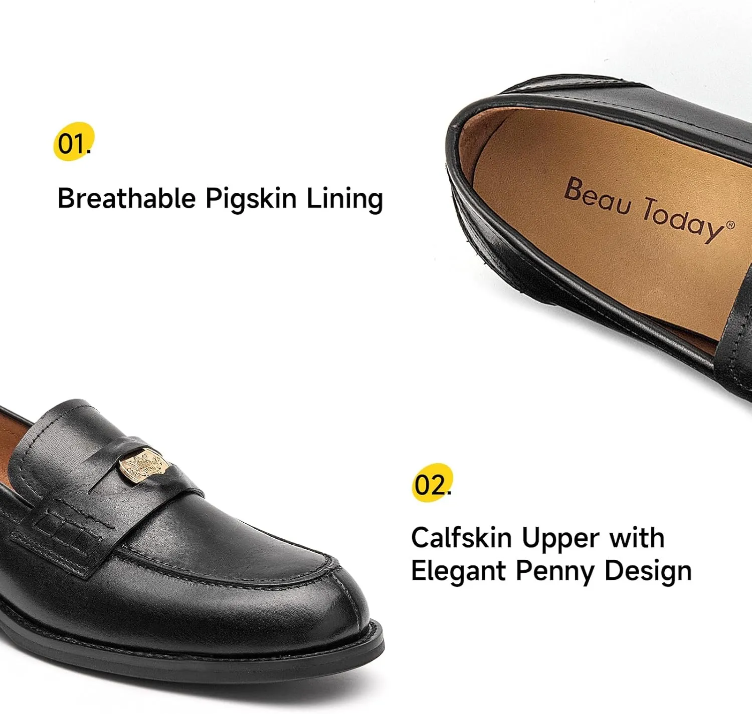 BEAU TODAY Flat Loafers for Women, Womens Leather Penny Loafers, Slip-on Flats for Women, Comfortable Dressy Business Casual Office Non-Slip Round Toe Loafers