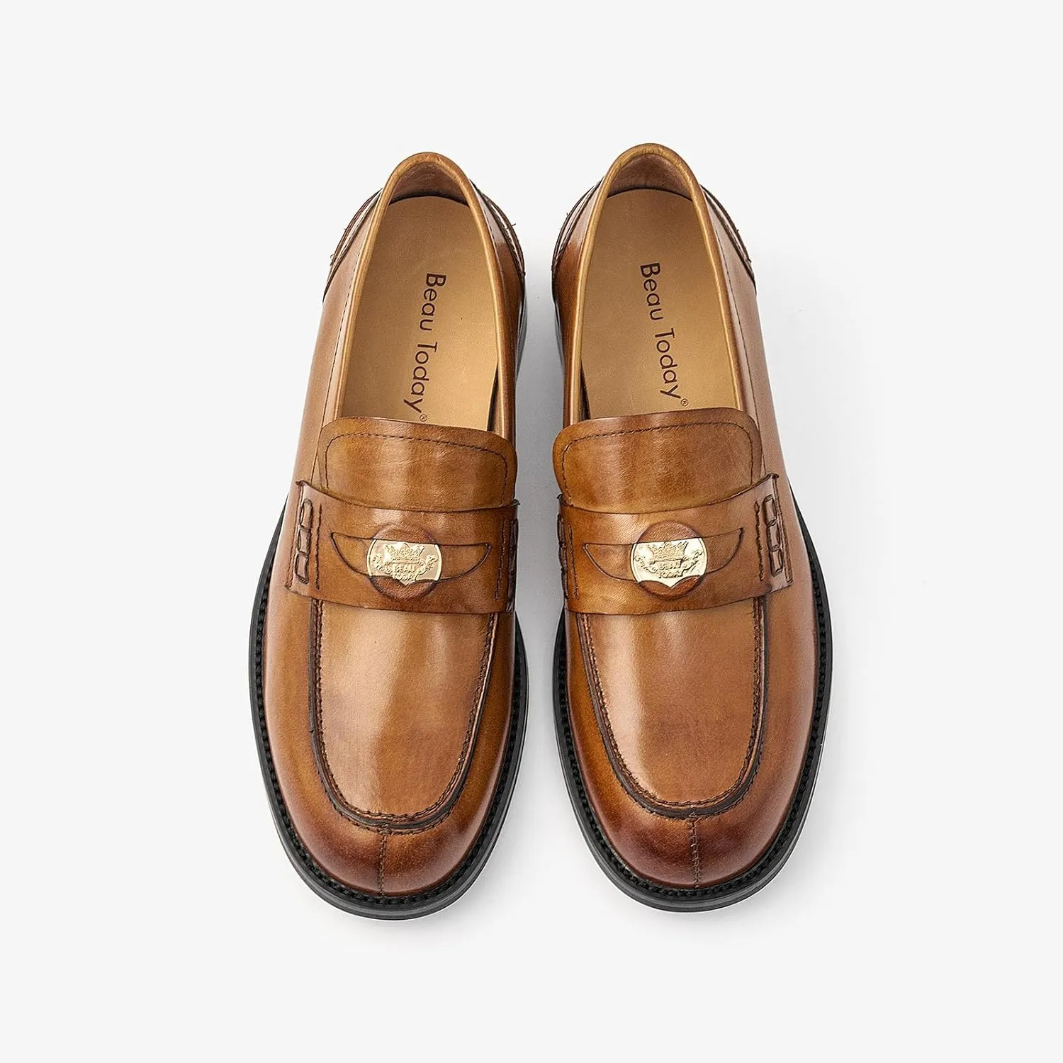 BEAU TODAY Flat Loafers for Women, Womens Leather Penny Loafers, Slip-on Flats for Women, Comfortable Dressy Business Casual Office Non-Slip Round Toe Loafers