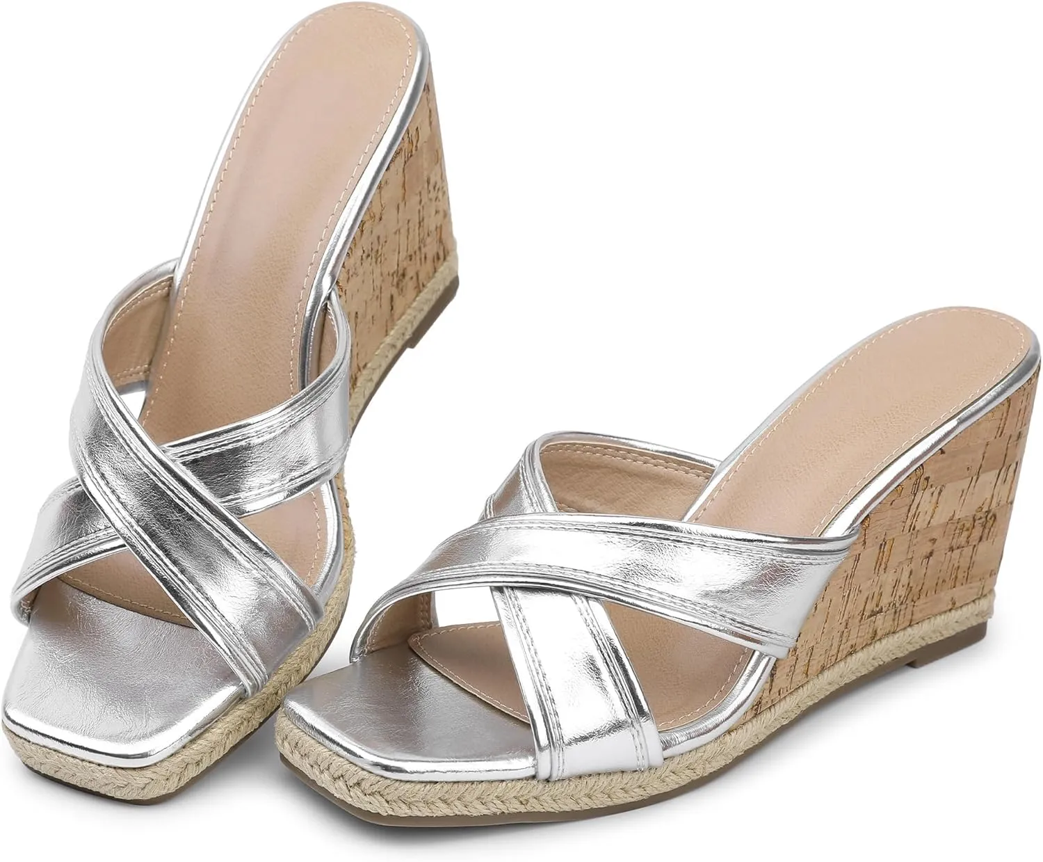Bigwow Women's Wedge Sandals Square Open Toe Platform High Heels Slides Dressy Sandals Casual Slip On Wedges Mules Summer Shoes