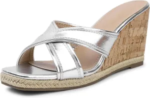 Bigwow Women's Wedge Sandals Square Open Toe Platform High Heels Slides Dressy Sandals Casual Slip On Wedges Mules Summer Shoes