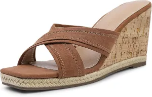 Bigwow Women's Wedge Sandals Square Open Toe Platform High Heels Slides Dressy Sandals Casual Slip On Wedges Mules Summer Shoes