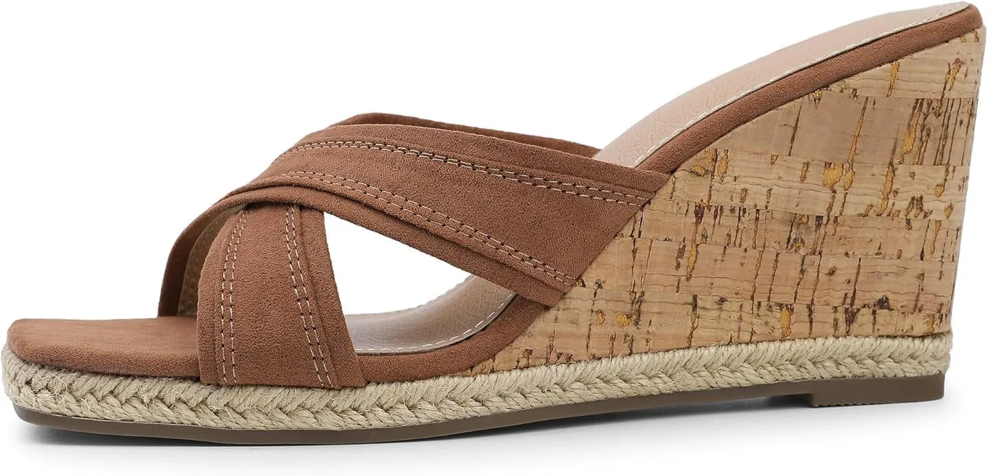 Bigwow Women's Wedge Sandals Square Open Toe Platform High Heels Slides Dressy Sandals Casual Slip On Wedges Mules Summer Shoes