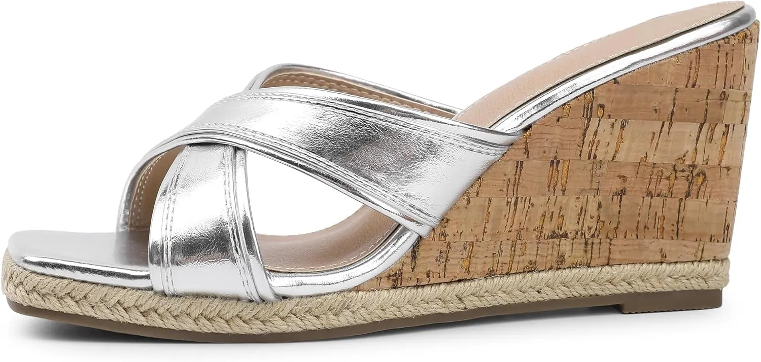 Bigwow Women's Wedge Sandals Square Open Toe Platform High Heels Slides Dressy Sandals Casual Slip On Wedges Mules Summer Shoes