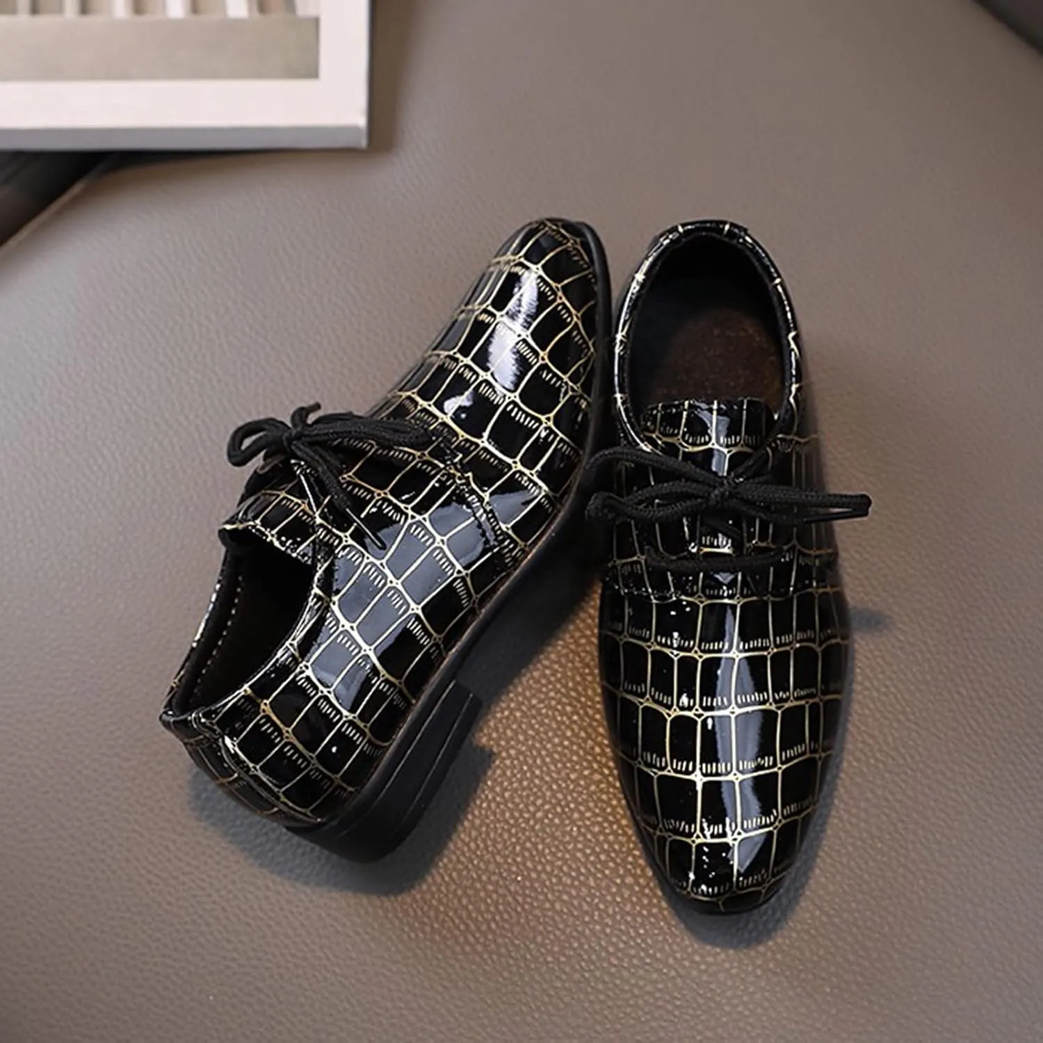 Boys Printed xford Dress Shoes, Fashion Leather Lace-up Comfortable Slip-on Pointed-Toe Business Formal Shoes