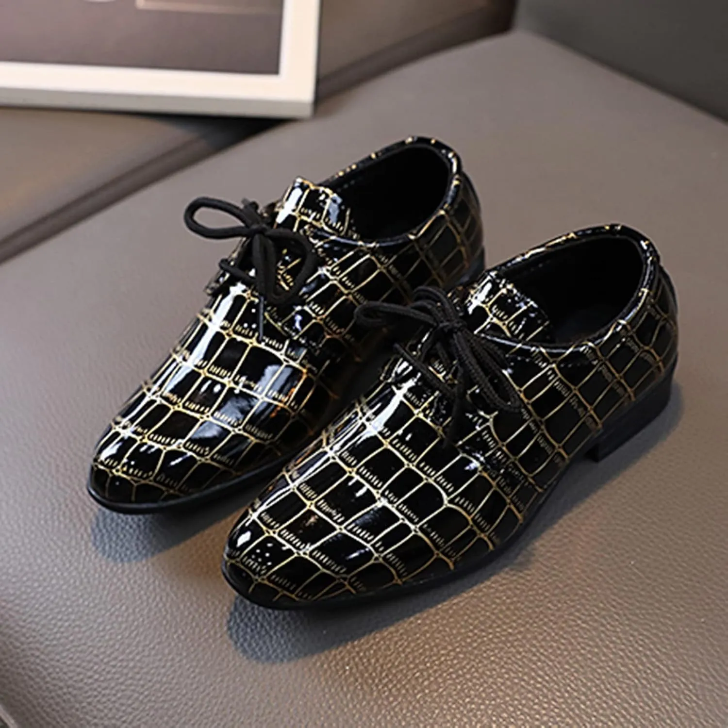 Boys Printed xford Dress Shoes, Fashion Leather Lace-up Comfortable Slip-on Pointed-Toe Business Formal Shoes