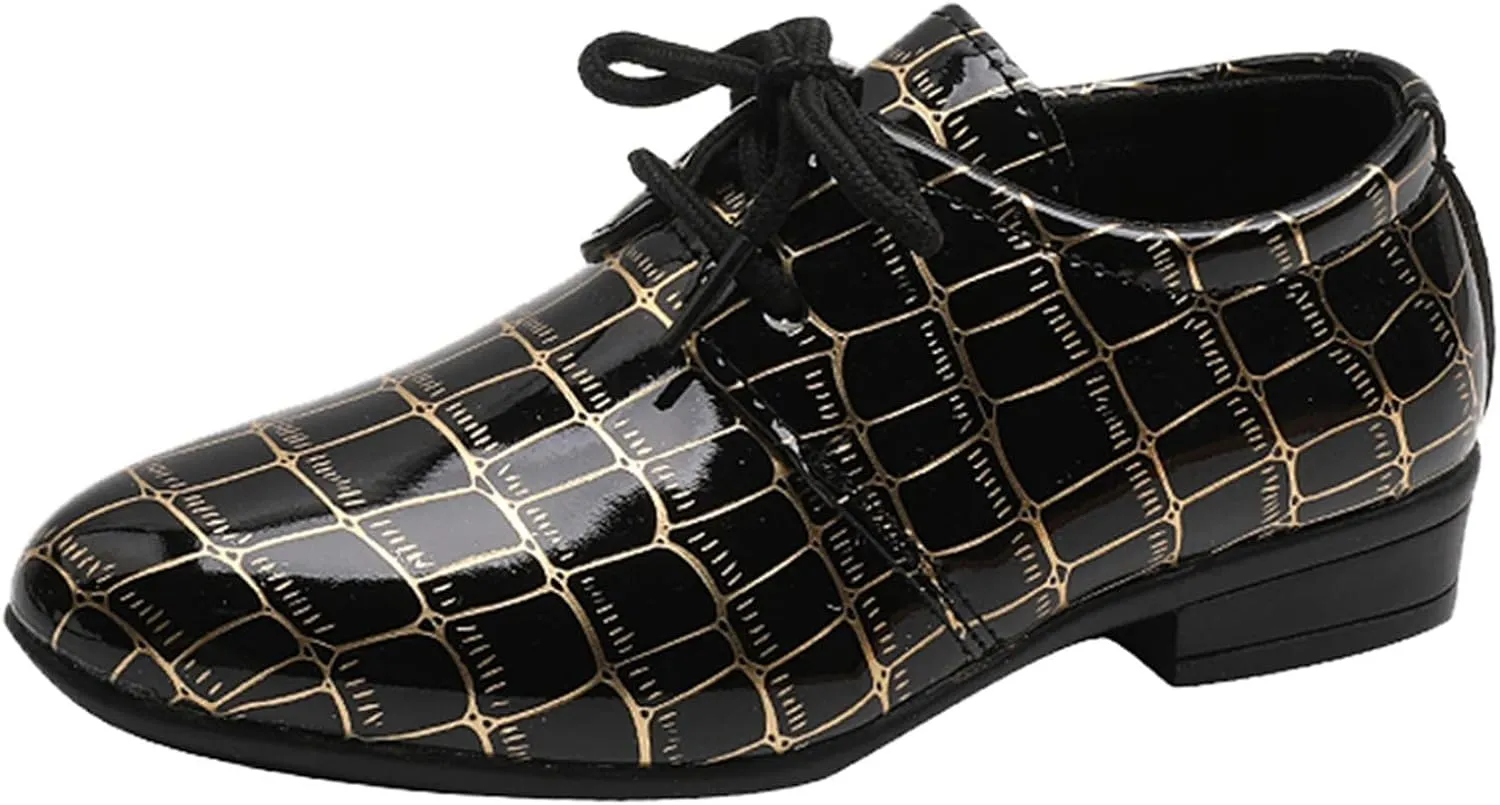 Boys Printed xford Dress Shoes, Fashion Leather Lace-up Comfortable Slip-on Pointed-Toe Business Formal Shoes