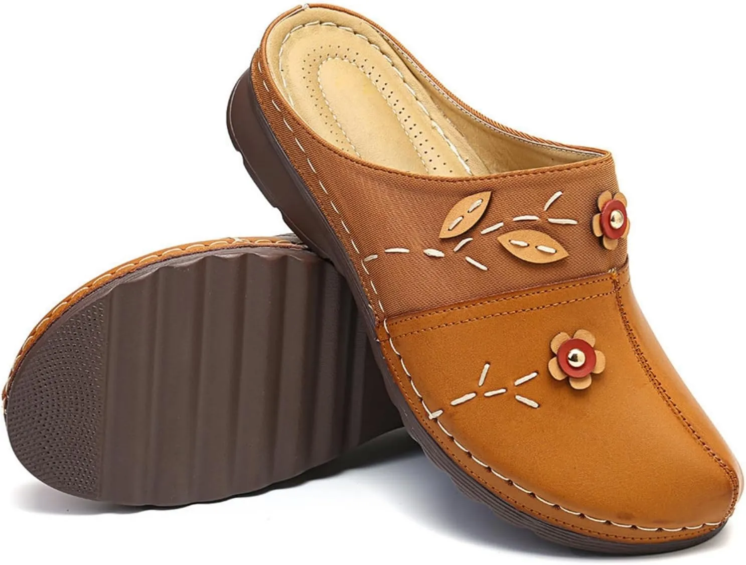 Clogs for Women Mules Shoes Summer Soft Leather Slippers Comfortable Arch Support Closed Toe Sandals Closed Toe Backless Hand Stitching Woven Flower Low Wedge Slip On Shoes