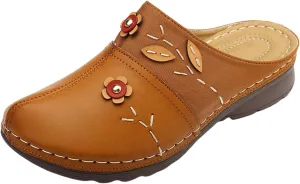 Clogs for Women Mules Shoes Summer Soft Leather Slippers Comfortable Arch Support Closed Toe Sandals Closed Toe Backless Hand Stitching Woven Flower Low Wedge Slip On Shoes