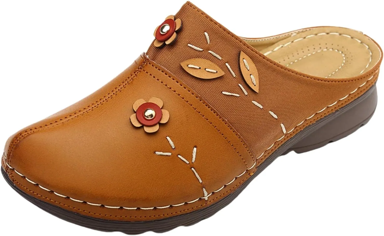 Clogs for Women Mules Shoes Summer Soft Leather Slippers Comfortable Arch Support Closed Toe Sandals Closed Toe Backless Hand Stitching Woven Flower Low Wedge Slip On Shoes