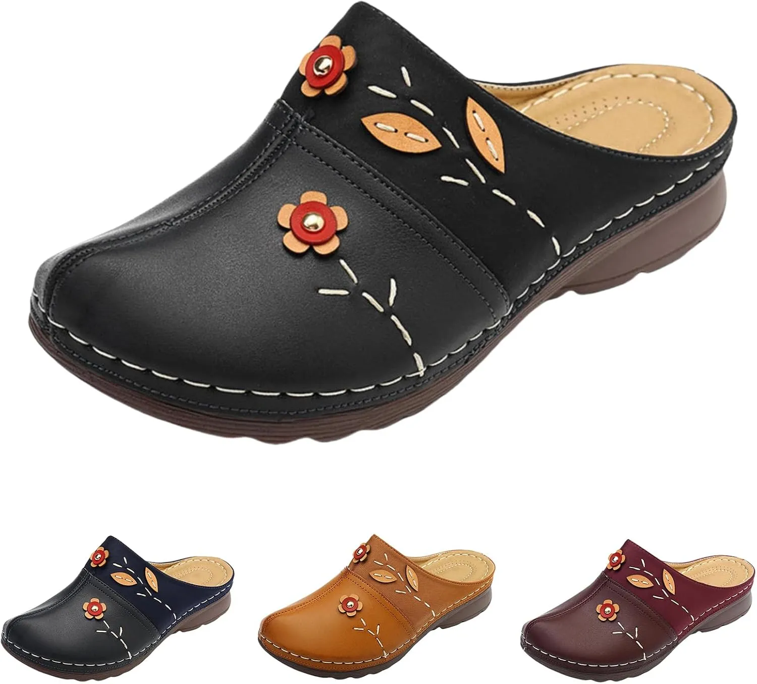 Clogs for Women Mules Shoes Summer Soft Leather Slippers Comfortable Arch Support Closed Toe Sandals Closed Toe Backless Hand Stitching Woven Flower Low Wedge Slip On Shoes