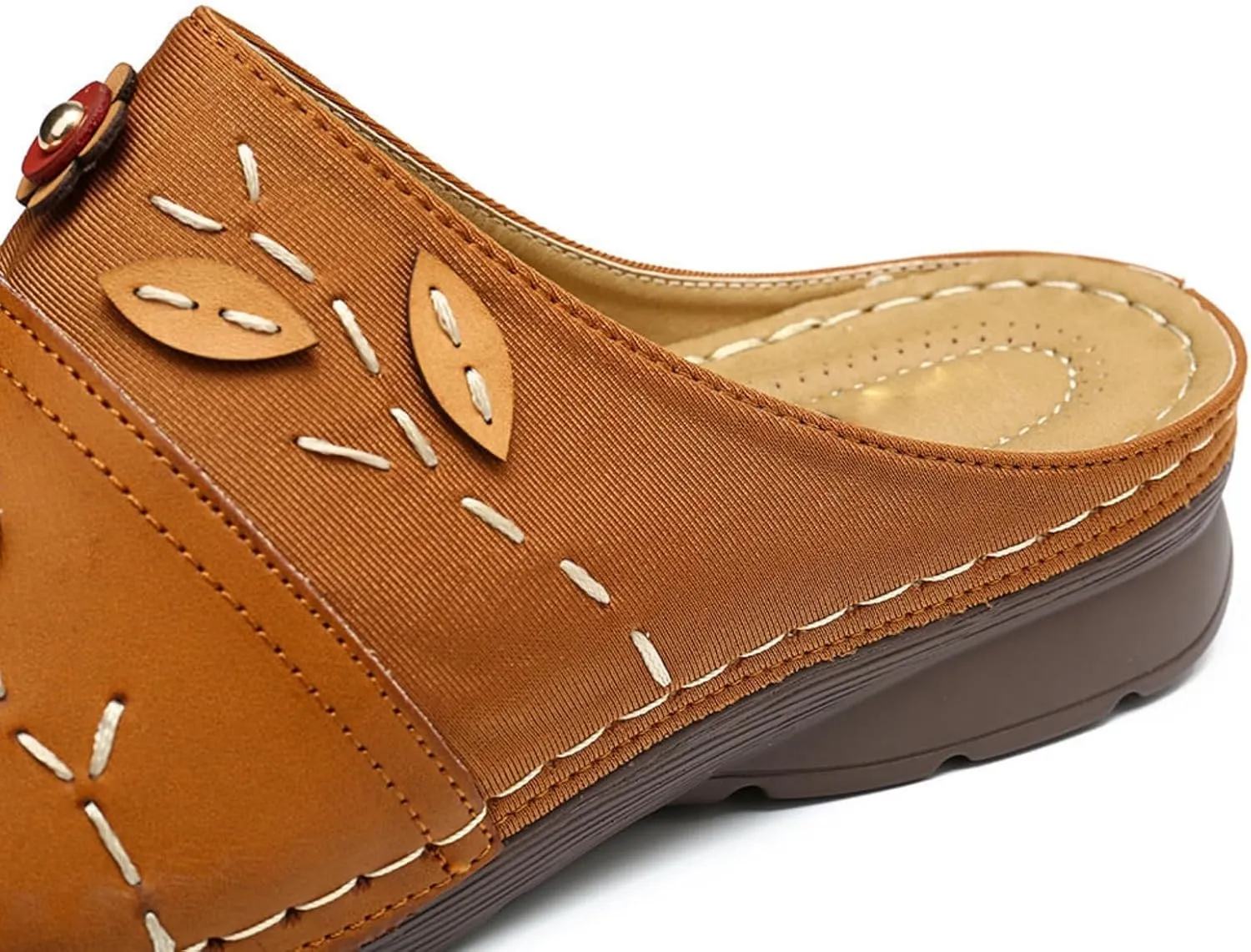 Clogs for Women Mules Shoes Summer Soft Leather Slippers Comfortable Arch Support Closed Toe Sandals Closed Toe Backless Hand Stitching Woven Flower Low Wedge Slip On Shoes
