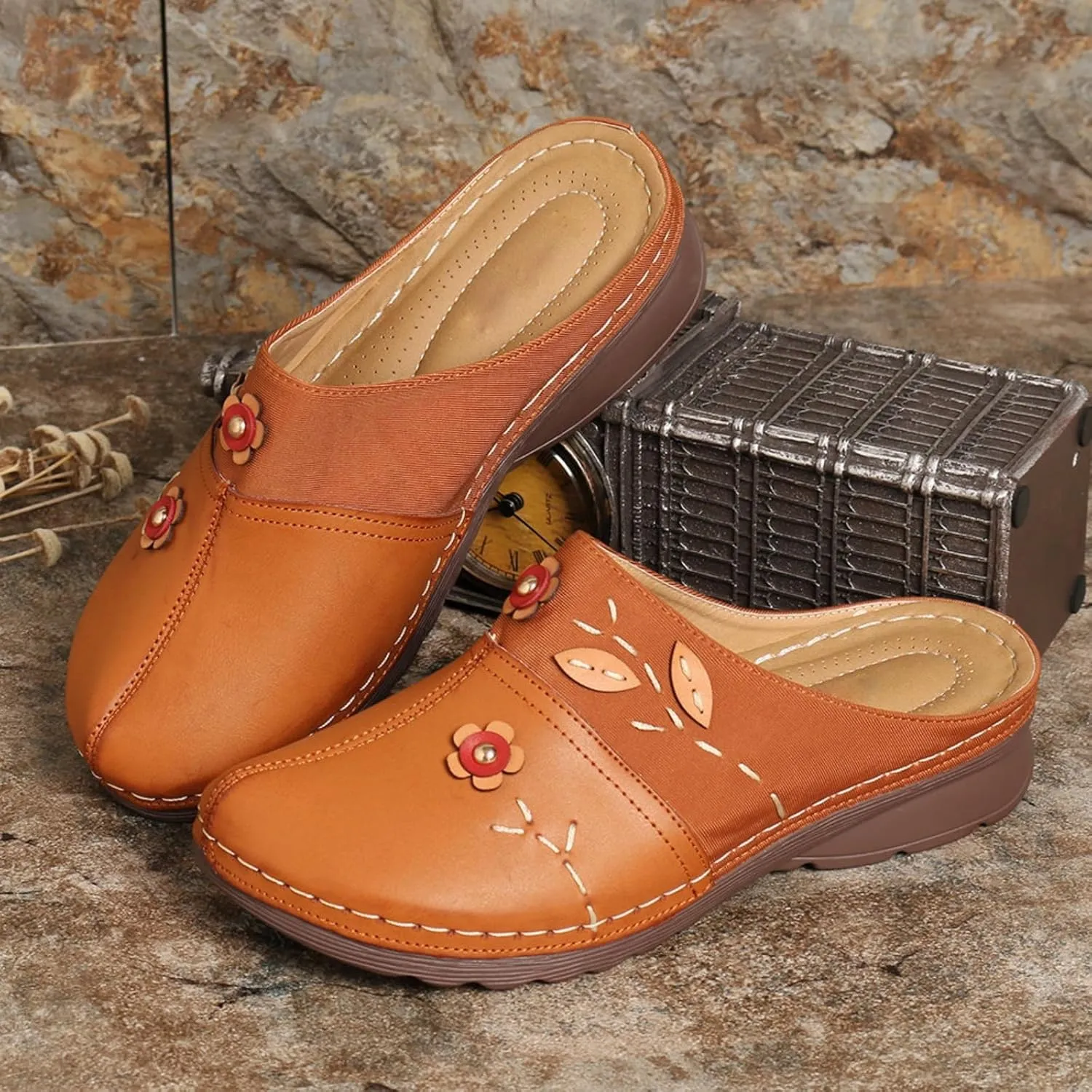 Clogs for Women Mules Shoes Summer Soft Leather Slippers Comfortable Arch Support Closed Toe Sandals Closed Toe Backless Hand Stitching Woven Flower Low Wedge Slip On Shoes