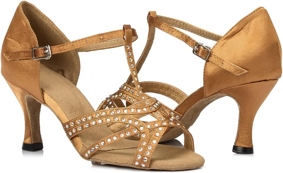 Comfortable Dancing Heels for Women Satin Party Wedding Sandals with Rhinestone