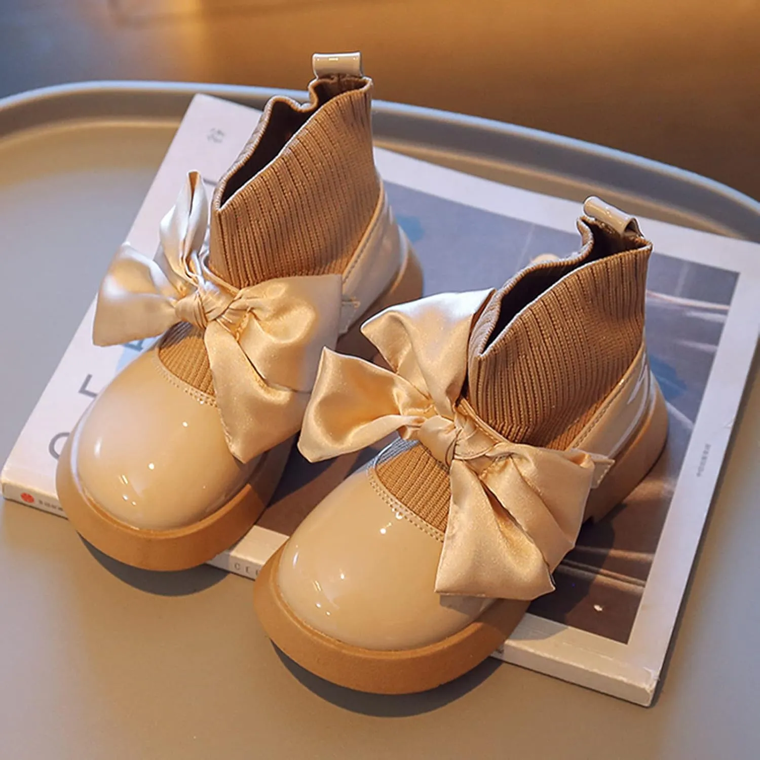 Girls Booties Fashion Leather Boots Shoes Waterproof Leather Short Boots Non Slip Breathable Princess Shoes (Beige, 3-3.5 Years)