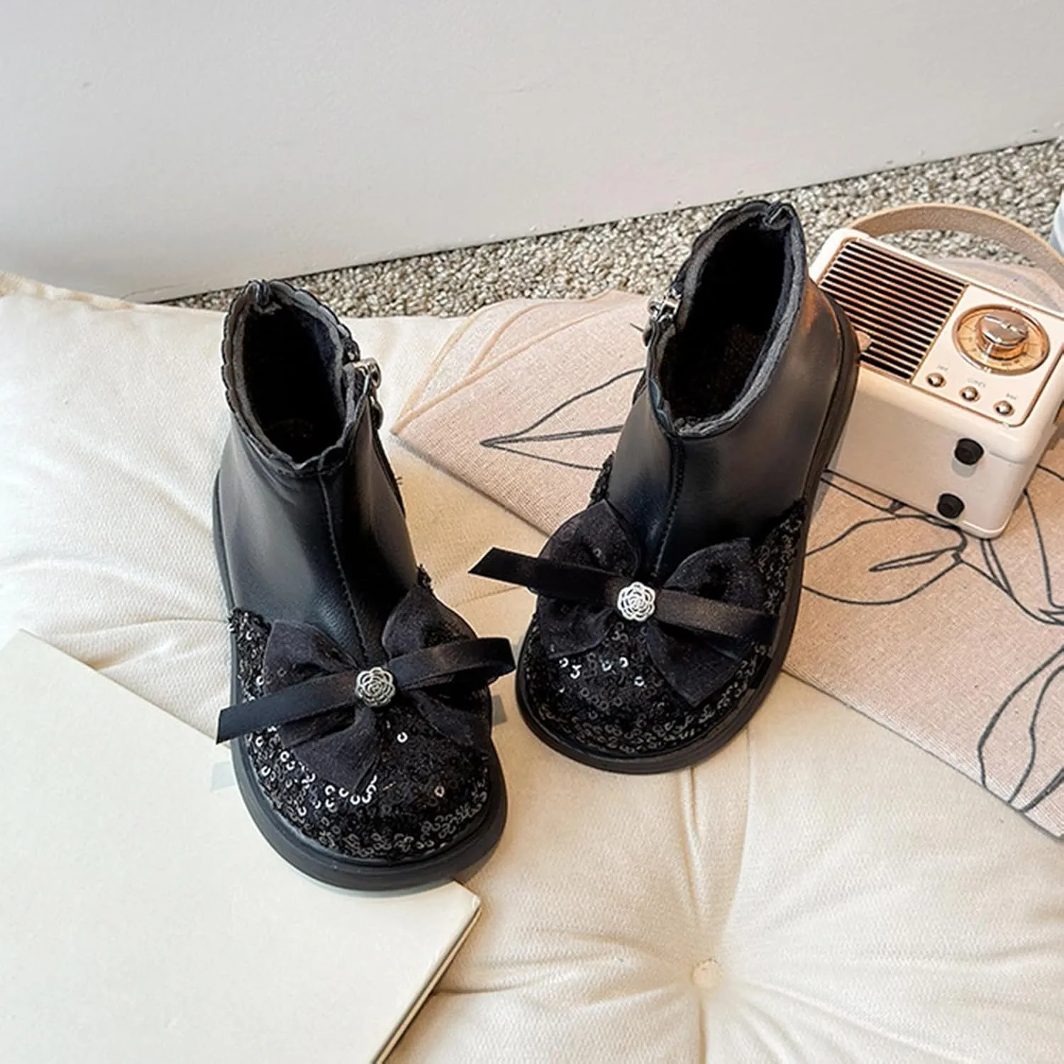 Girls Sequin Bowknot Ankle Boot Low Heel Lightweight Comfy Soft Birthday Dress Shoes Classic And Winter Boots