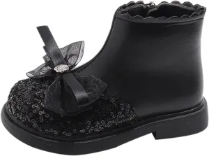 Girls Sequin Bowknot Ankle Boot Low Heel Lightweight Comfy Soft Birthday Dress Shoes Classic And Winter Boots
