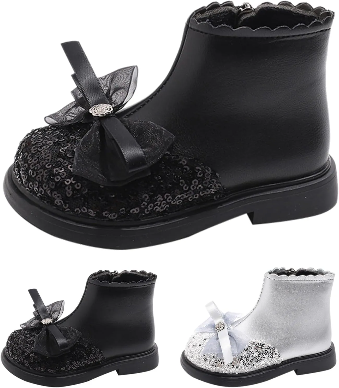 Girls Sequin Bowknot Ankle Boot Low Heel Lightweight Comfy Soft Birthday Dress Shoes Classic And Winter Boots