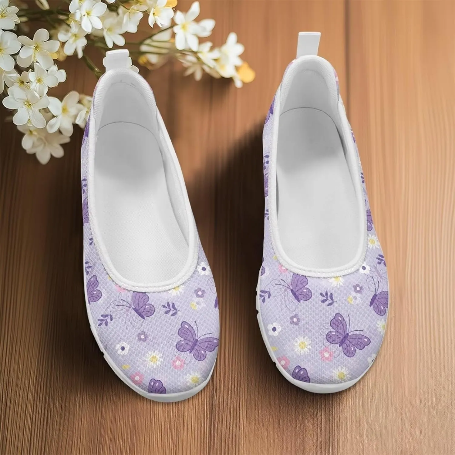 GOSTONG Women's Flowers Print Flats Mesh Shoes Slip On Round Toe Casual Loafers Lightweight Comfort Walking Travel Shoes White Sole Size 6-11