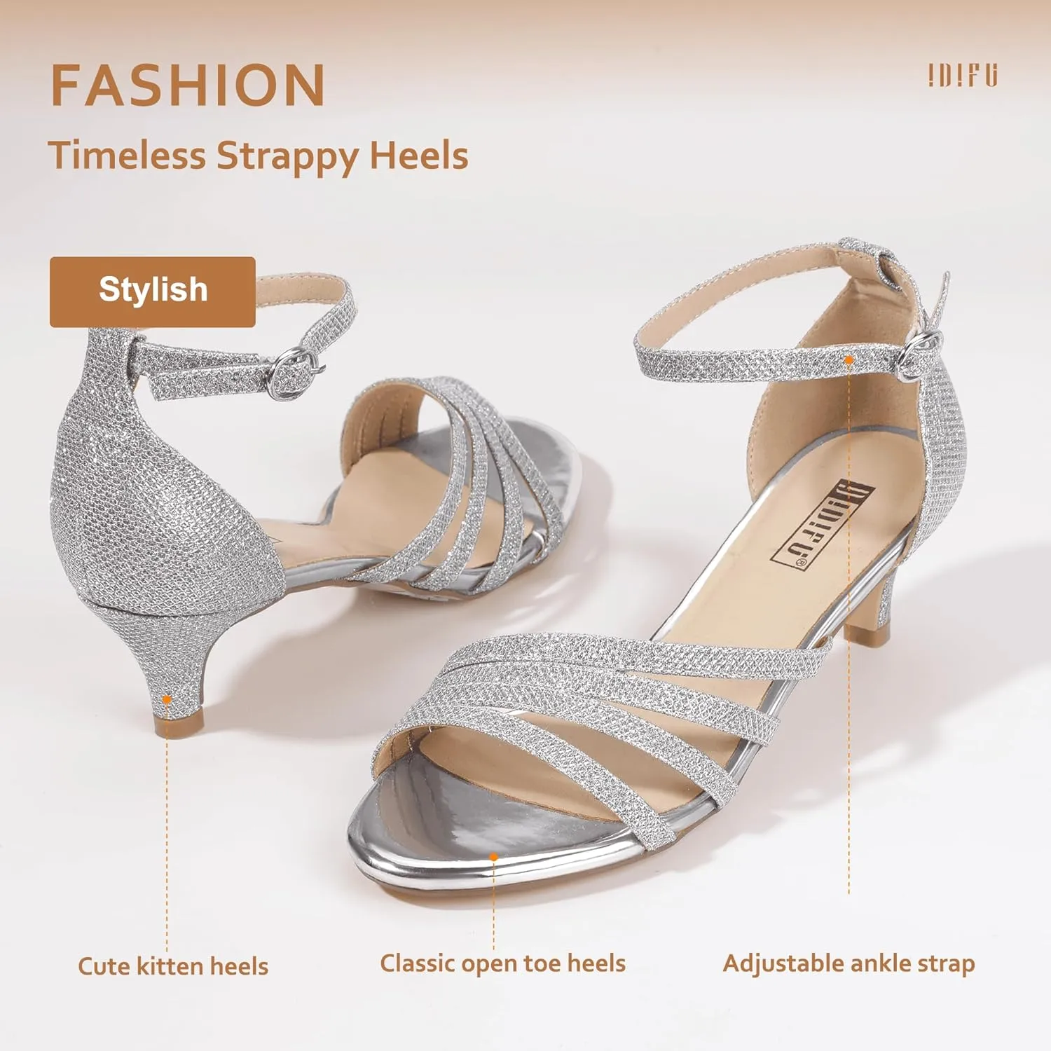 IDIFU Women's Low Kitten Strappy Sandals Heels Open Toe Ankle Strap Bridal Dress Wedding Shoes For Women