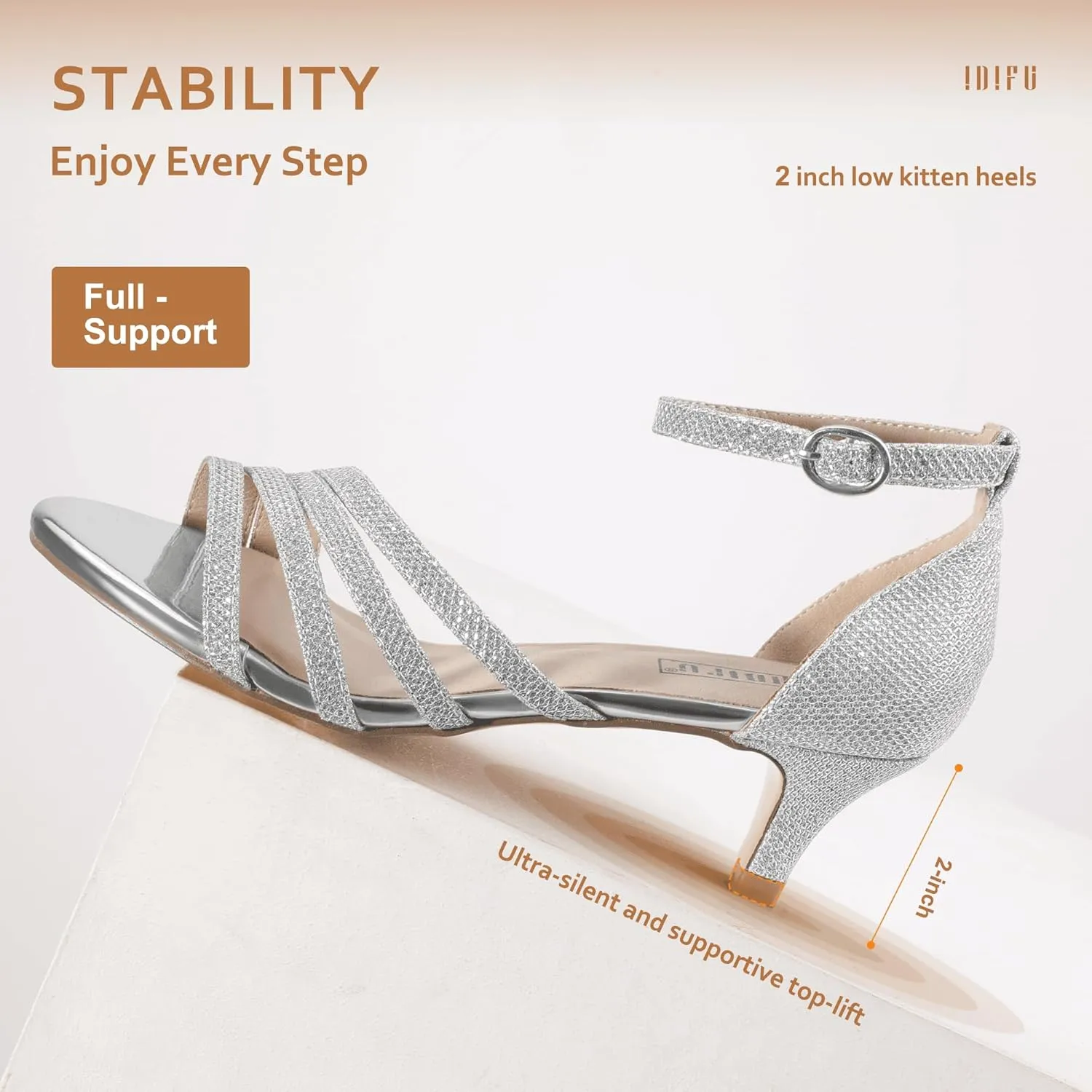 IDIFU Women's Low Kitten Strappy Sandals Heels Open Toe Ankle Strap Bridal Dress Wedding Shoes For Women