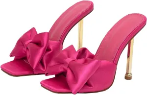 JOEupin Women's Square Toe Bow Knot Backless Slides Slip On Mules Stilettos Wedding Party Dress Mule Sandals
