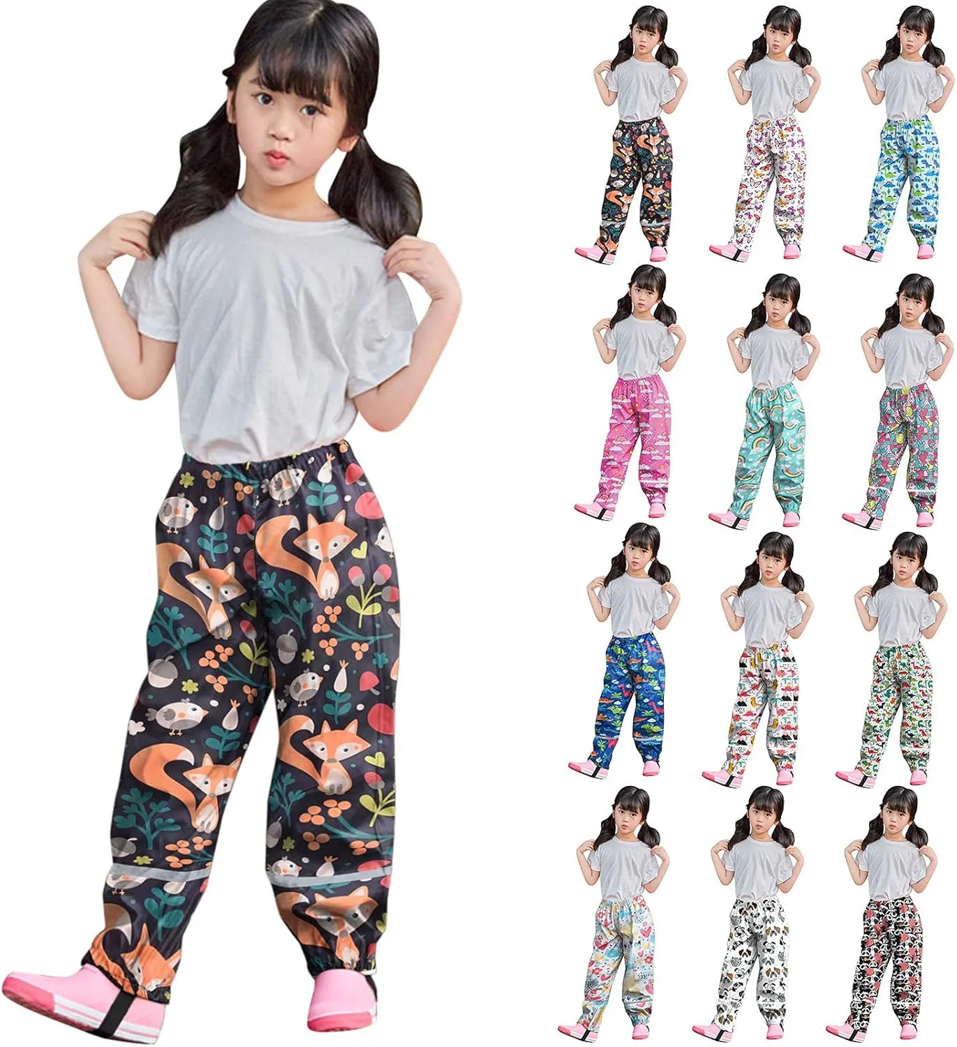 Kids Girls Rain Pants Lightweight Waterproof Pants Cute Dinosaur Mud Dirty Proof Trousers Reflective Rain Suit Outdoor