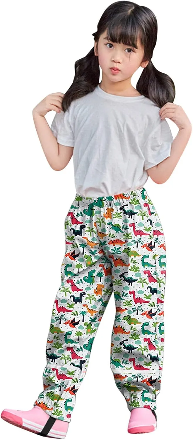 Kids Girls Rain Pants Lightweight Waterproof Pants Cute Dinosaur Mud Dirty Proof Trousers Reflective Rain Suit Outdoor