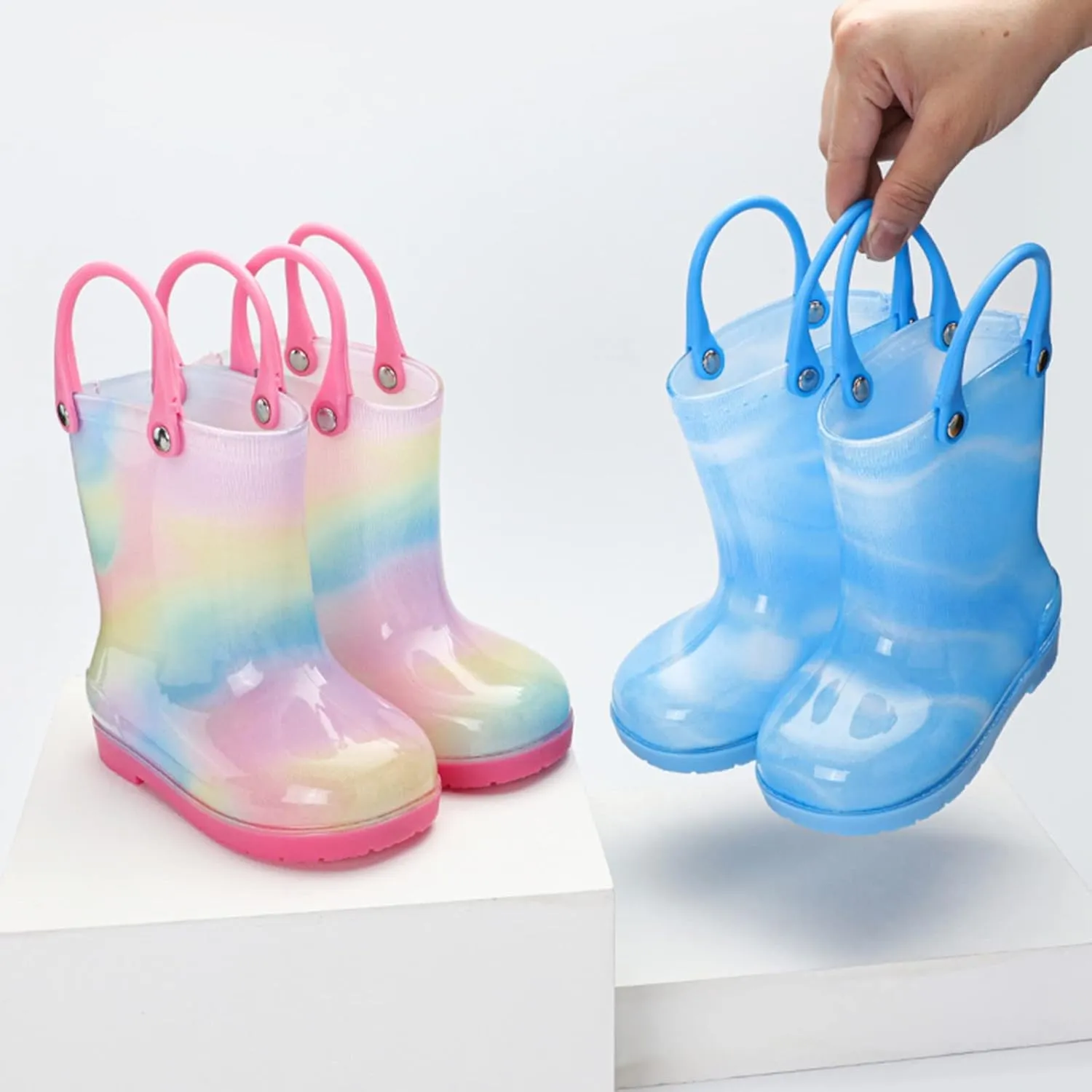 Kids Tie Dye Waterproof Rain Boot with Pull on Handles Toddler Bow Rain Boots Rubber Boots Boys Cute Baby Boys' Shoes