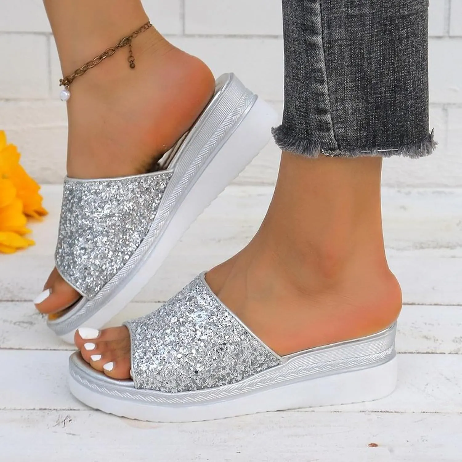Ladies Rhinestone Shiny Beach Outside Wear Slope Heel Big Size Sandals Slippers Vegan Women's Shoes