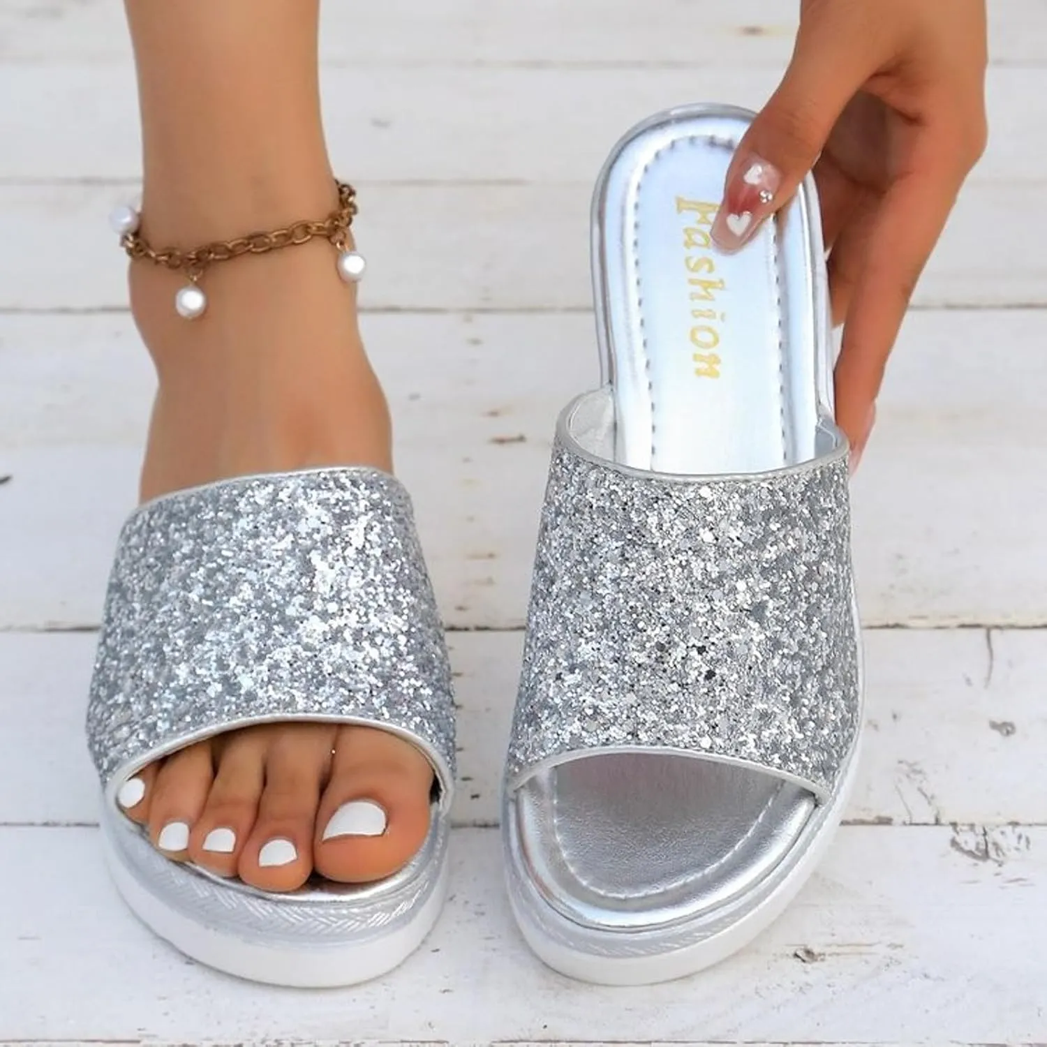 Ladies Rhinestone Shiny Beach Outside Wear Slope Heel Big Size Sandals Slippers Vegan Women's Shoes