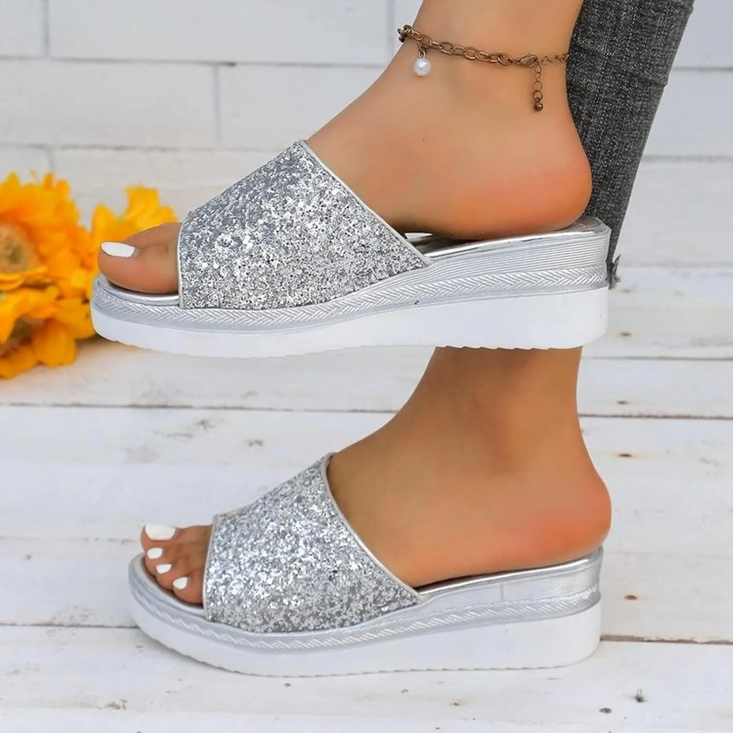 Ladies Rhinestone Shiny Beach Outside Wear Slope Heel Big Size Sandals Slippers Vegan Women's Shoes