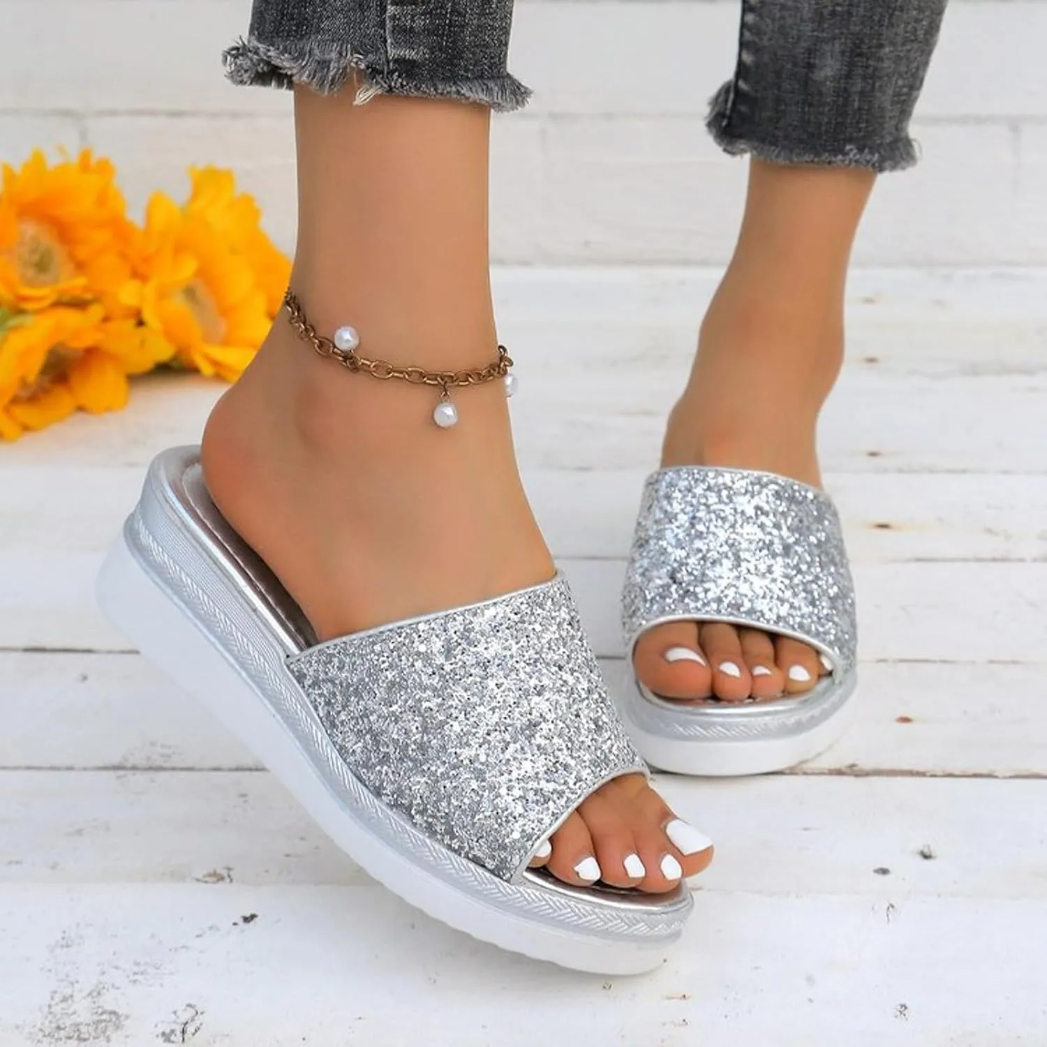 Ladies Rhinestone Shiny Beach Outside Wear Slope Heel Big Size Sandals Slippers Vegan Women's Shoes
