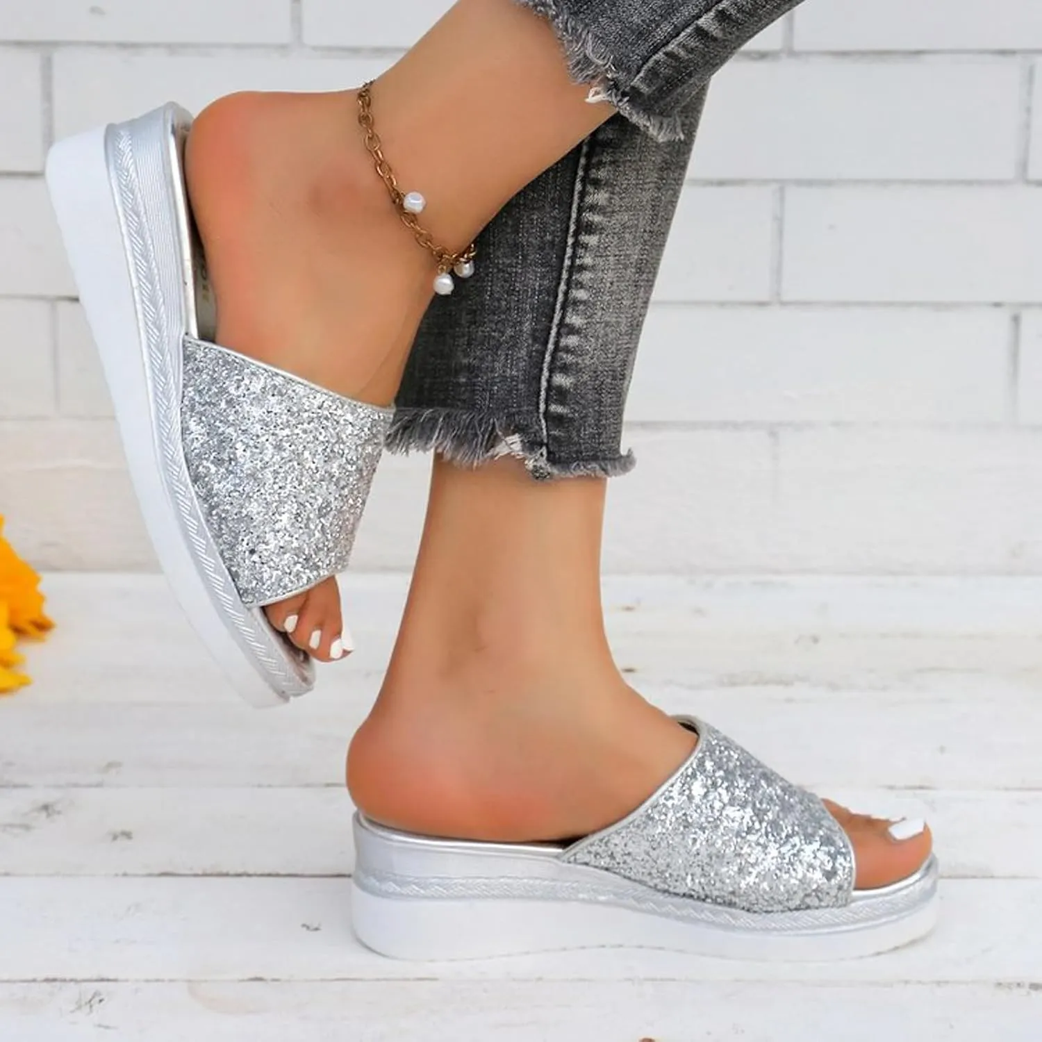 Ladies Rhinestone Shiny Beach Outside Wear Slope Heel Big Size Sandals Slippers Vegan Women's Shoes