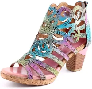 Leahter Heeled Sandals Women Sandals with Heel Summer Open Toe Chunky Heel Sandals Shoes Block High Heel Dress Sandals Lace-up Sandals Handmade Retro High-Heeled Sandals Colorful Flower Vintage