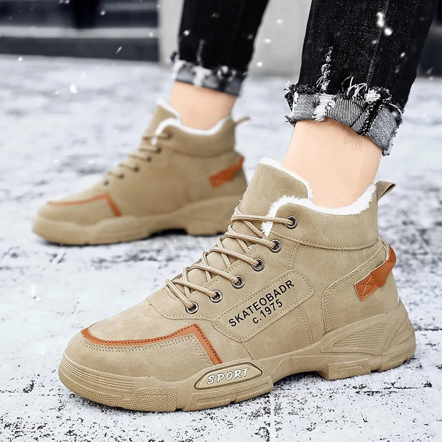 Men Work Boots Non Steel Toe Hiking Sneakers with Warm Fur Lining Women's Working Shoes Wide Width Mid Waterproof Outdoor Botas Lightweight Hike Grounded Footwear