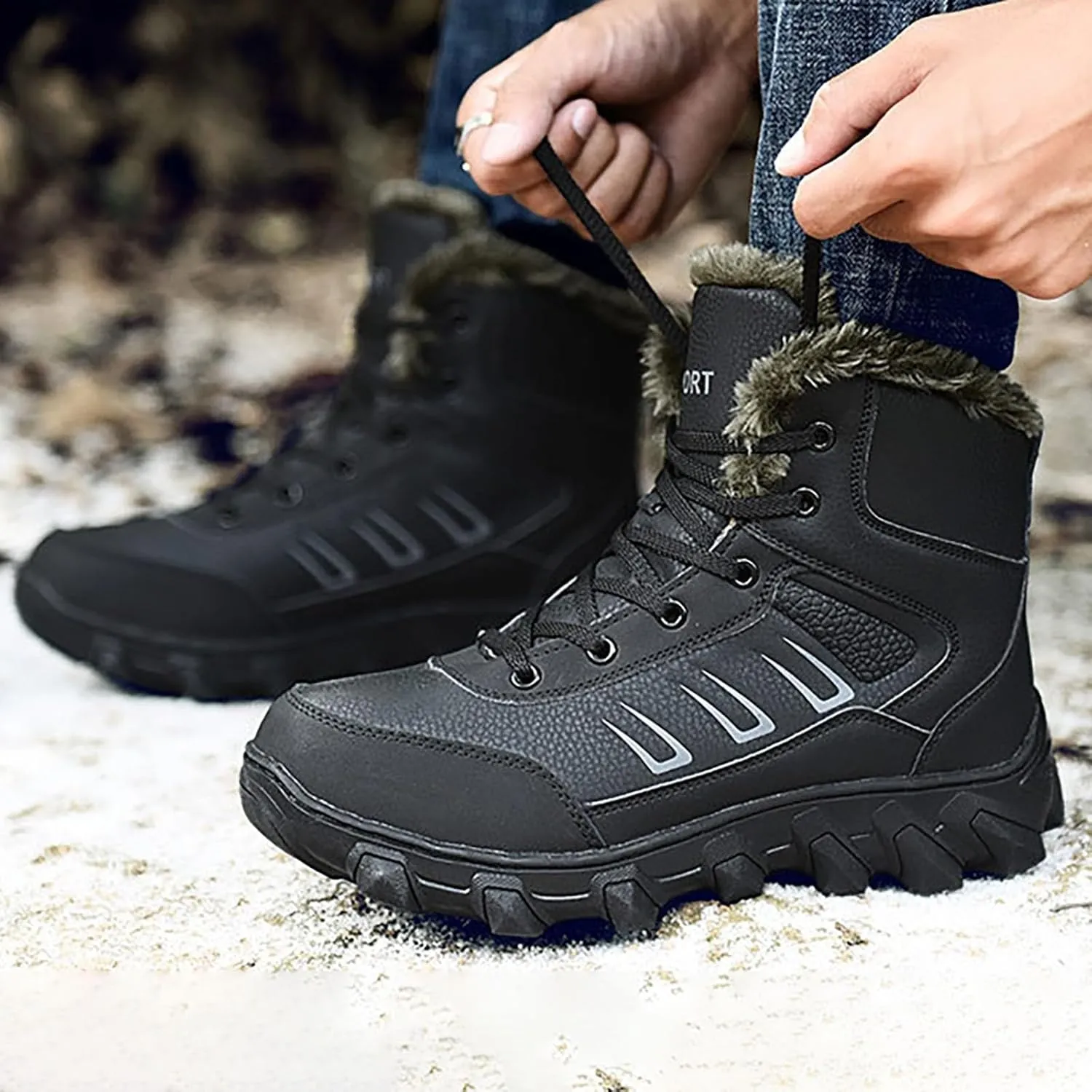 Mens Work Boots Slip On Hiking Sneakers Women's Slip On Warm Women Safety Toe Shoes Winter Waterproof Platform Botas Slip Resistant Hike Grounded Footwear