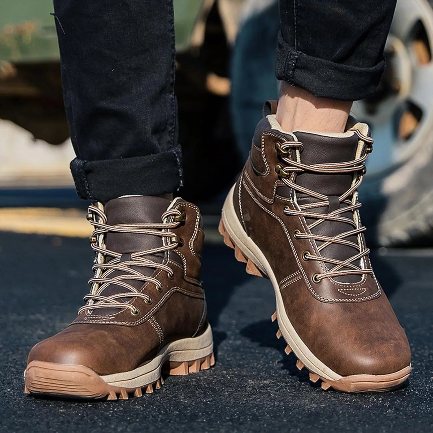 Mens Work Boots Waterproof Hiking Sneakers Zip Up Fur Lined Womens Safety Toe Shoes Wide Width Lightweight Outdoor Botas Mid Ankle Work Casual Hike Grounded Footwear