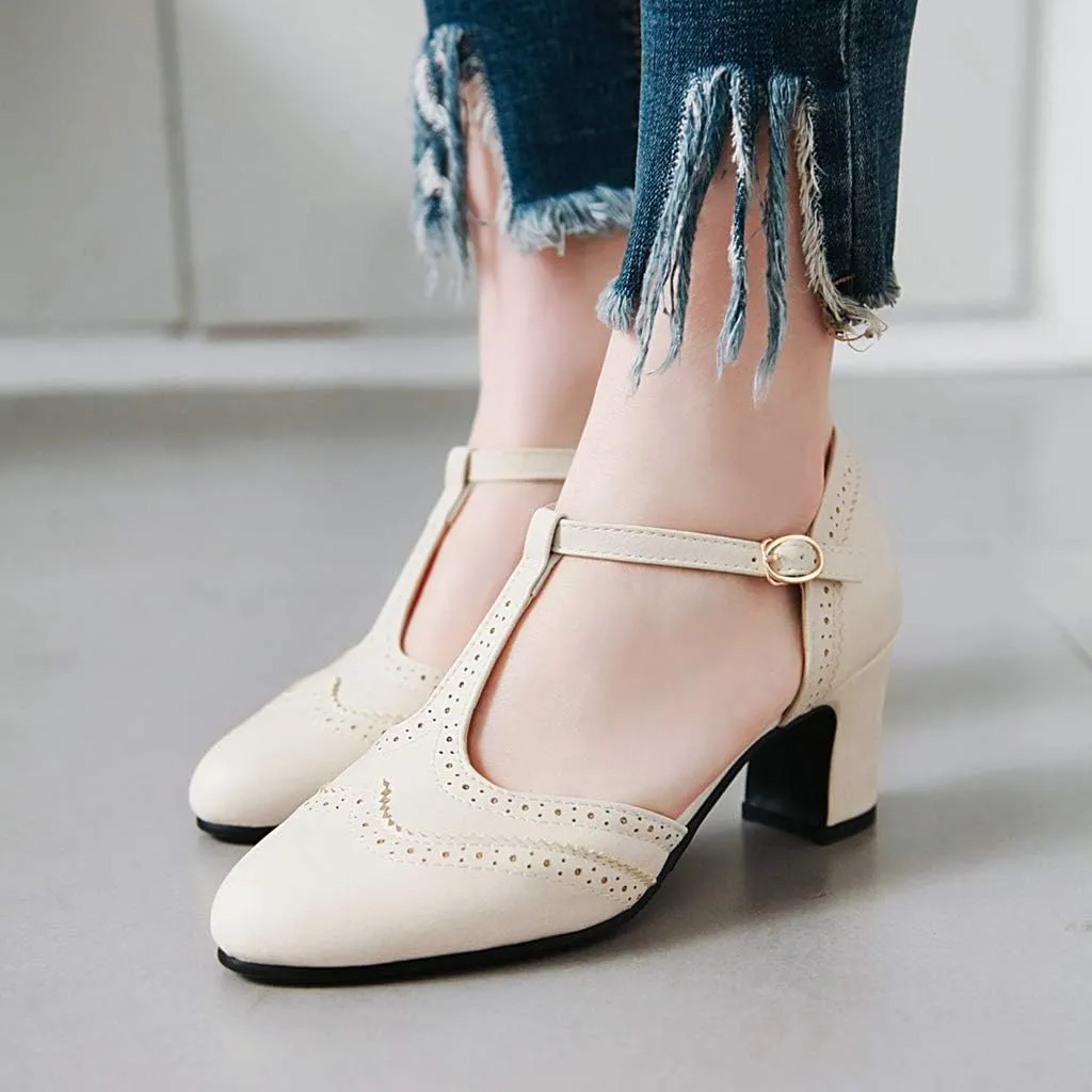 MIOKE Women's Pointed Toe D'Orsay Pumps Comfort Ankle Strap Block Mid Heel Dress Sandals Party Office Shoes