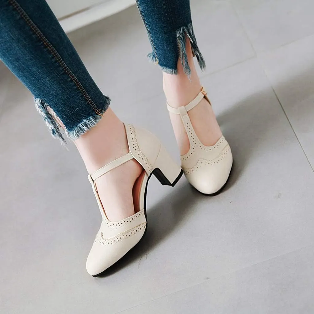 MIOKE Women's Pointed Toe D'Orsay Pumps Comfort Ankle Strap Block Mid Heel Dress Sandals Party Office Shoes