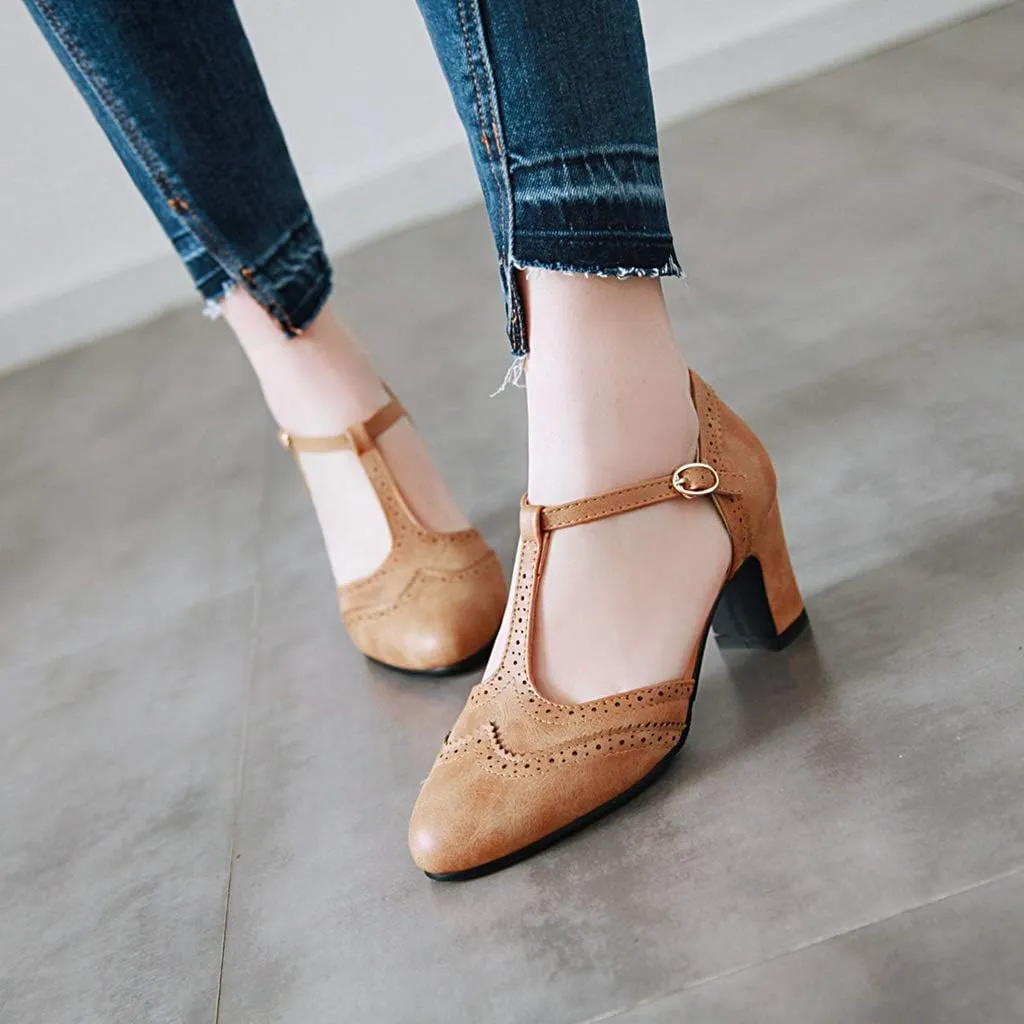 MIOKE Women's Pointed Toe D'Orsay Pumps Comfort Ankle Strap Block Mid Heel Dress Sandals Party Office Shoes