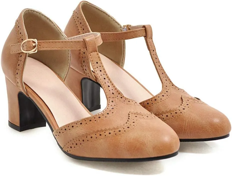 MIOKE Women's Pointed Toe D'Orsay Pumps Comfort Ankle Strap Block Mid Heel Dress Sandals Party Office Shoes