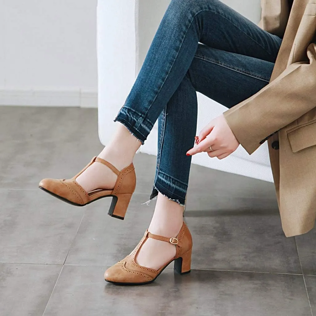 MIOKE Women's Pointed Toe D'Orsay Pumps Comfort Ankle Strap Block Mid Heel Dress Sandals Party Office Shoes