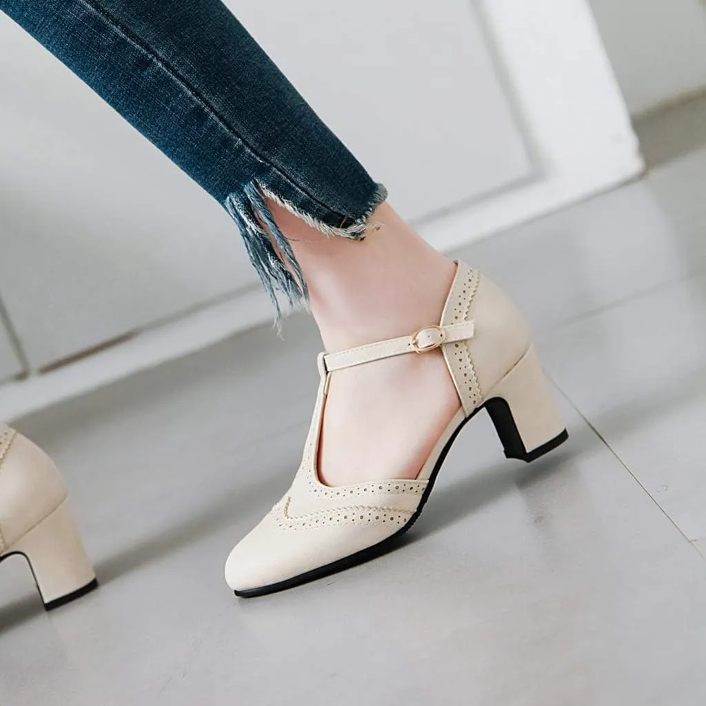 MIOKE Women's Pointed Toe D'Orsay Pumps Comfort Ankle Strap Block Mid Heel Dress Sandals Party Office Shoes