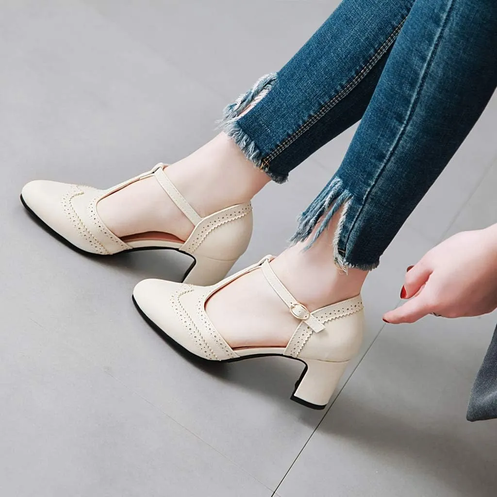MIOKE Women's Pointed Toe D'Orsay Pumps Comfort Ankle Strap Block Mid Heel Dress Sandals Party Office Shoes