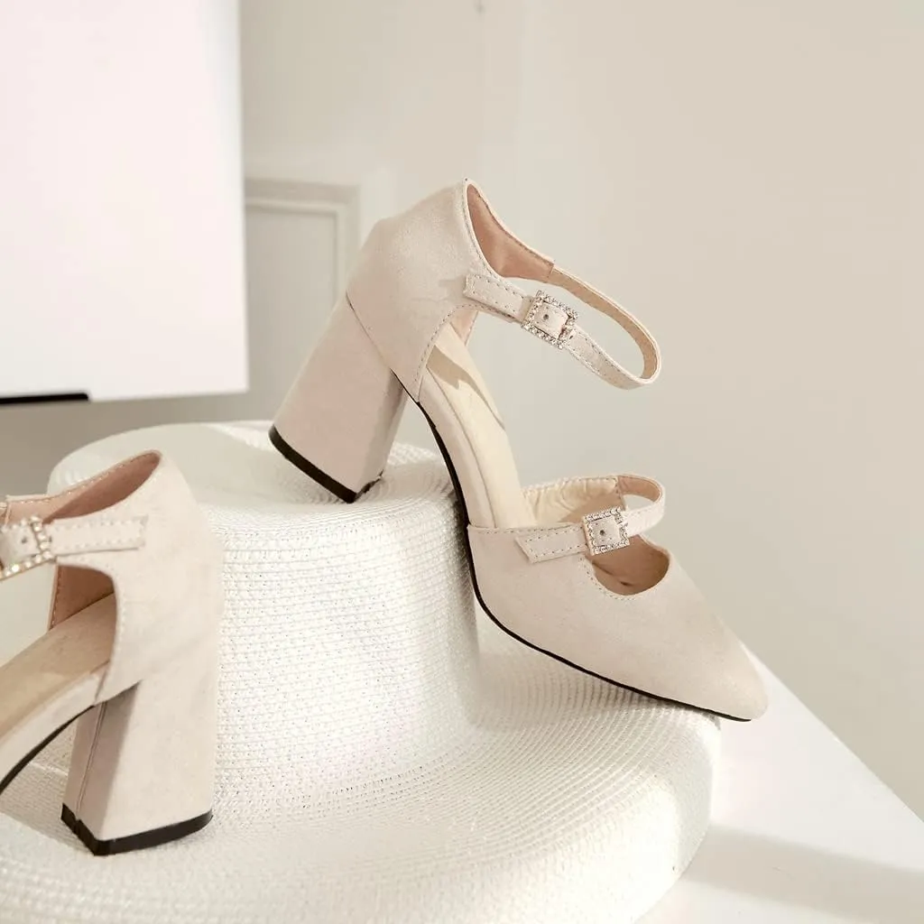 MIOKE Women's Pointed Toe Pearl D'Orsay Pumps Chunky Block High Heel Dress Sandal Elegant Prom Party Shoes