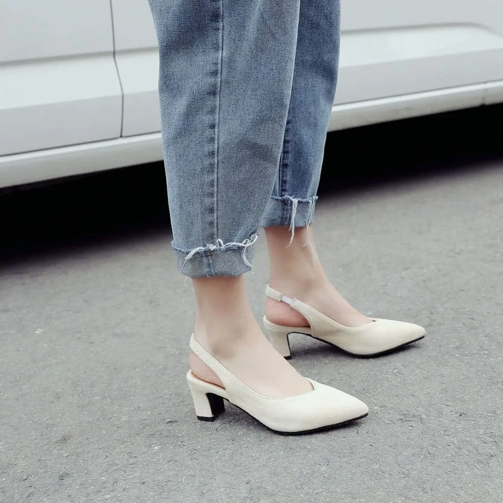 MIOKE Women's Pointed Toe Slingback Pumps Comfort Chunky Block Mid Heel Sandal Dress Formal Office Shoes