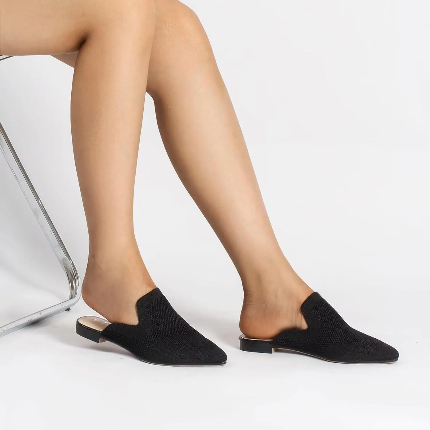 MUSSHOE Women Mules Comfortable Pointed Toe Knit Mules for Women Flats