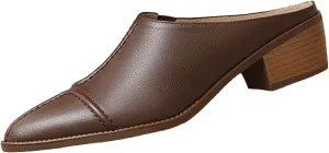 Optigard Women's Leather Chunky Stacked Heel Mules Closed Pointed Toe Slip On Low Block Heel Sandals Comfortable Work Dress Shoes