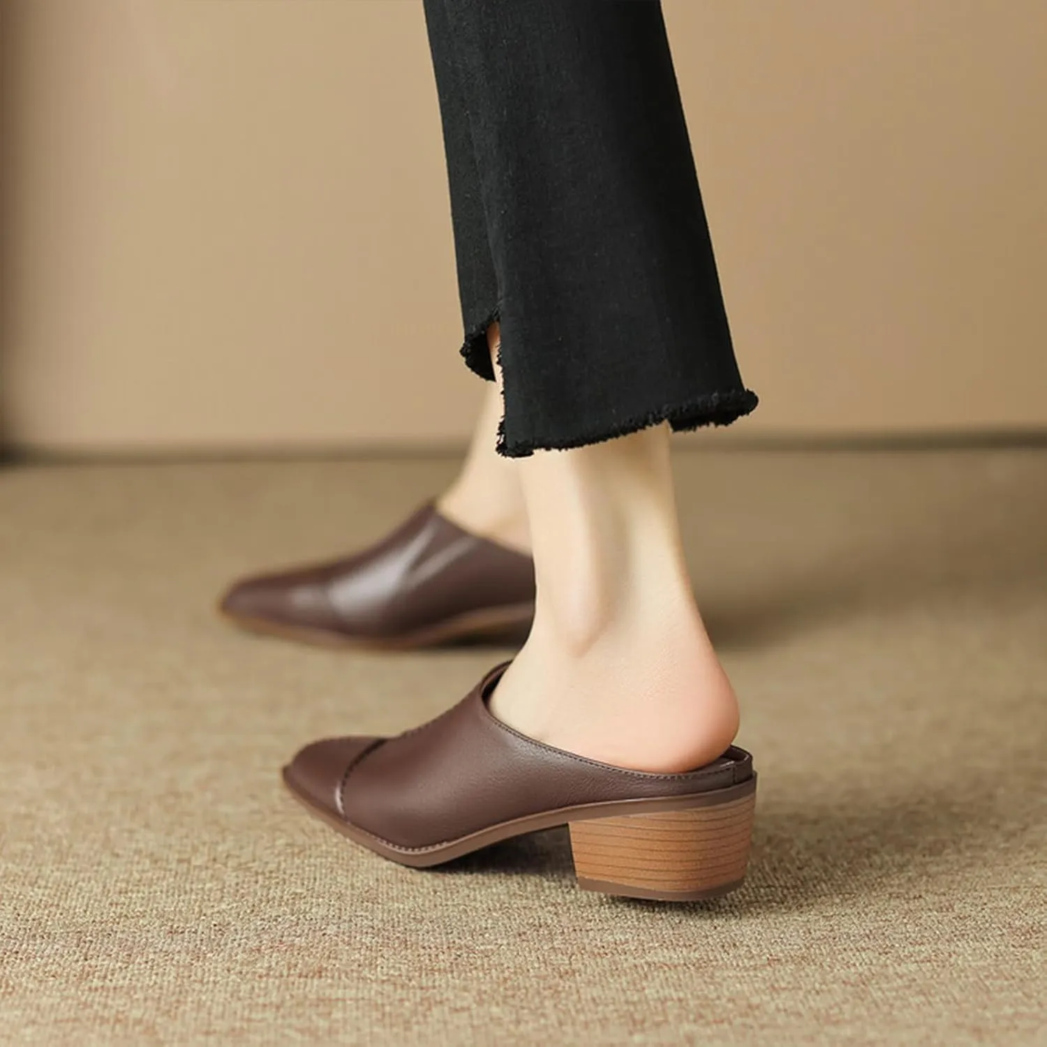 Optigard Women's Leather Chunky Stacked Heel Mules Closed Pointed Toe Slip On Low Block Heel Sandals Comfortable Work Dress Shoes