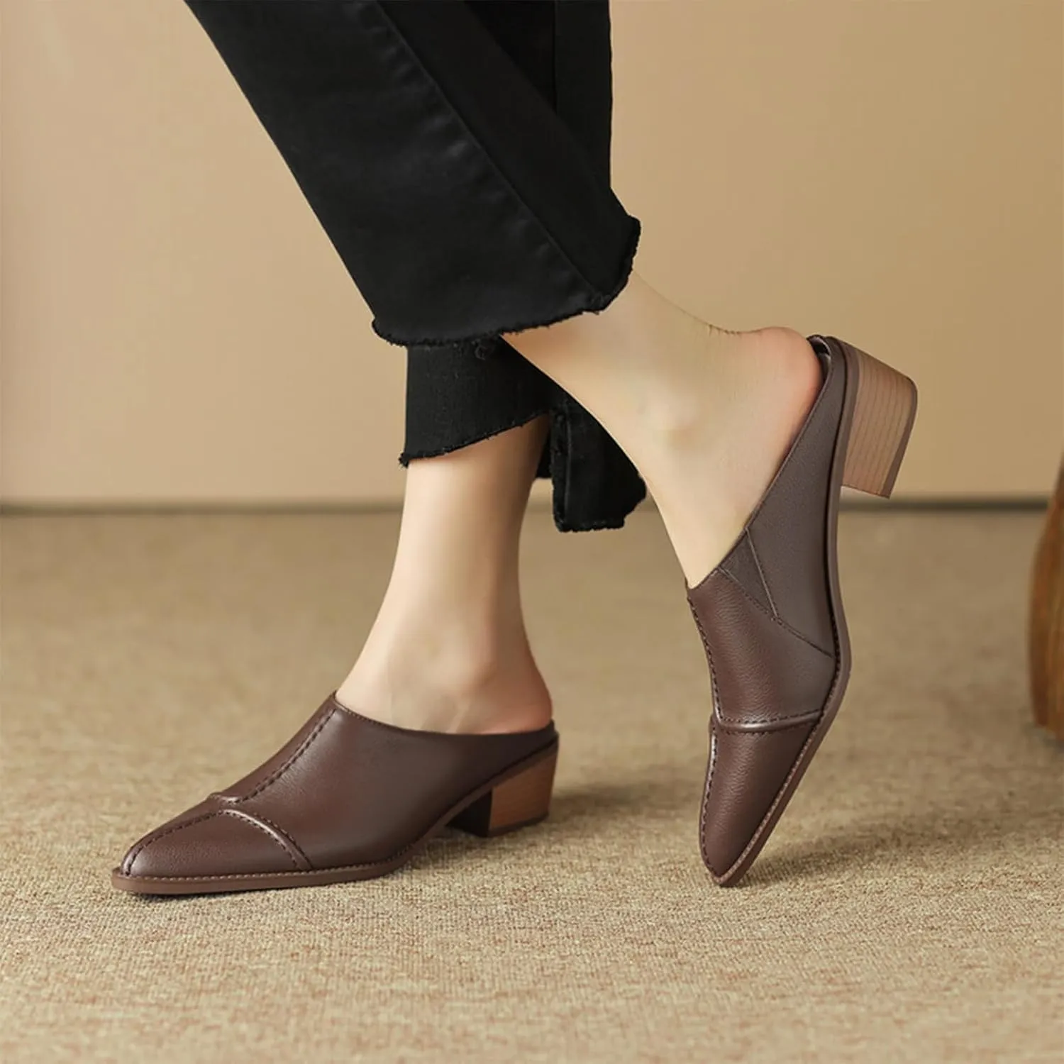 Optigard Women's Leather Chunky Stacked Heel Mules Closed Pointed Toe Slip On Low Block Heel Sandals Comfortable Work Dress Shoes